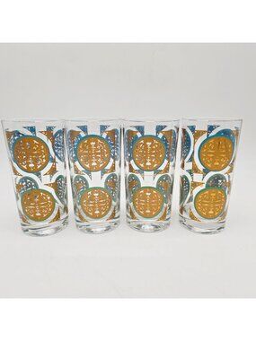 MCM Federal Highball Glass 22k Gold Medallion and Teal Circles Set of 4